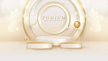 Product display podium with golden curve line element and ball decoration and glitter light effect. vector