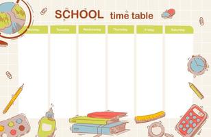 School class time table. School supplies. Stacks of books, pens, pencils for office and school. Back to school. Hand drawing. Flat vector illustration