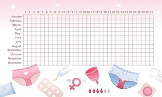 Menstruation calendar. Women period tracker. Calendar for critical days marking, menstrual cycle. Vector illustration