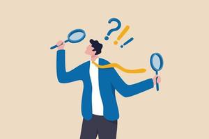 Observation or examination, curiosity to discover secret, search or analyze information, investigate or research concept, curious businessman holding magnifying glass observe data with question mark. vector