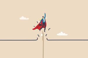 Breakthrough business barrier, overcome difficulty or obstacle to success, solve problem, business solution or leadership and effort for growth, powerful businessman superhero breaking barrier line. vector