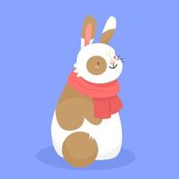 Cute spotted rabbit with scarf in cartoon style isolated on the background. Vector Christmas illustration. 2023 is the new year of the rabbit.