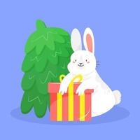 Cute white rabbit with a gift and a cartoon-style Christmas tree. Vector isolated Christmas illustration. 2023 is the new year of the rabbit.