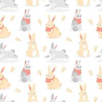 Seamless pattern with cute cartoon-style Christmas rabbits with carrot gingerbread cookies and snowflakes on white background. Vector illustration background.