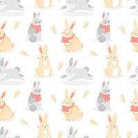 Seamless pattern with cute cartoon-style Christmas rabbits with carrot gingerbread cookies and snowflakes on white background. Vector illustration background.