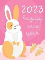 The design of the New Year's postcard 2023 rabbit. A card with a cute rabbit with gingerbreads in cartoon style and the text happy new year. Vector illustration.