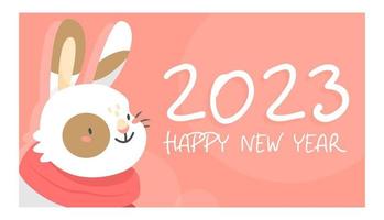 Happy new year 2023 vector illustration with cute rabbit with scarf in cartoon style. Year of the rabbit. Card template. Vector illustration.