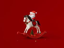 3d illustration of Santa Claus riding rocking horse on red background photo