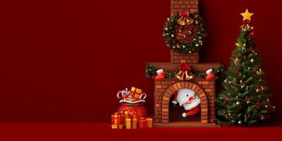 santa claus en la chimenea en la habitación decorada con árbol de navidad y caja de regalo, ilustración 3d foto