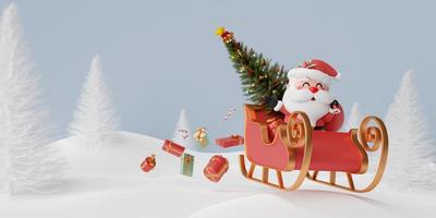 santa claus en trineo con regalo de navidad en bosque de pinos, feliz navidad, ilustración 3d foto