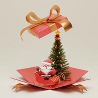 Santa Claus on sleigh with Christmas tree in opened gift box photo