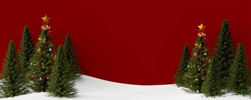 Christmas background, Christmas tree on snow ground with red background, 3d illustration photo