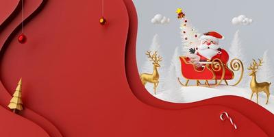 Christmas 3d illustration paper cut style, Santa Claus with sleigh carrying Christmas tree on snow ground photo