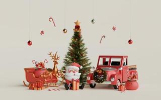 Christmas 3d illustration of Christmas celebration with Santa Claus and Christmas decoration photo