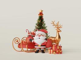 estandarte de navidad de santa claus con árbol de navidad, caja de regalo y renos, ilustración 3d foto