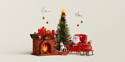Santa Claus sitting in front of fireplace in room decorated by Christmas tree and gift box, 3d illustration photo
