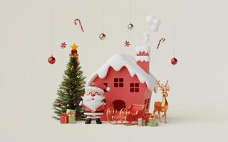 3d Christmas banner of Santa Claus and reindeer around red house to celebrate Christmas day photo