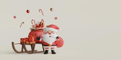 banner de navidad de santa claus con bolsa de regalo en trineo, ilustración 3d foto