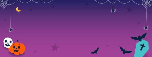 Cute copy space advertising Halloween cartoon online promotion web banner invitation card violet background ghost, skull, pumpkin, jack o lantern, bat, spider web, coffin, moon paper display vector