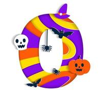 Happy Halloween 0 Zero Numeral Numeric Party Font Character Cartoon Spooky Horror with colorful 3D Layer Paper Cutout Type design celebration vector Illustration Skull Pumpkin Bat Witch Hat Spider Web