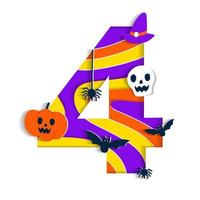 Happy Halloween 4 Four Numeral Numeric Party Font Character Cartoon Spooky Horror with colorful 3D Layer Paper Cutout Type design celebration vector Illustration Skull Pumpkin Bat Witch Hat Spider Web