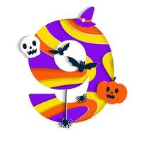 Happy Halloween 9 Nine Numeral Numeric Party Font Character Cartoon Spooky Horror with colorful 3D Layer Paper Cutout Type design celebration vector Illustration Skull Pumpkin Bat Witch Hat Spider Web