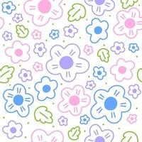 Cute Beautiful Ditsy Daisy Flowers Colorful Pastel Pink Blue Purple Flora Leaf Outline Illustration Vector Seamless Pattern Texture Textile Fabric Print Background paper, fabric, interior decor