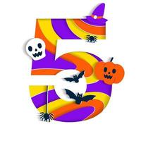 Happy Halloween 5 Five Numeral Numeric Party Font Character Cartoon Spooky Horror with colorful 3D Layer Paper Cutout Type design celebration vector Illustration Skull Pumpkin Bat Witch Hat Spider Web