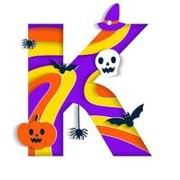 Happy Halloween K Alphabet Party Font Typography Character Cartoon Spooky Horror with colorful 3D Layer Paper Cutout Type design celebration vector Illustration Skull Pumpkin Bat Witch Hat Spider Web