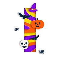 Happy Halloween I Alphabet Party Font Typography Character Cartoon Spooky Horror with colorful 3D Layer Paper Cutout Type design celebration vector Illustration Skull Pumpkin Bat Witch Hat Spider Web