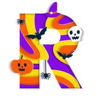 Happy Halloween R Alphabet Party Font Typography Character Cartoon Spooky Horror with colorful 3D Layer Paper Cutout Type design celebration vector Illustration Skull Pumpkin Bat Witch Hat Spider Web