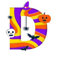 Happy Halloween D Alphabet Party Font Typography Character Cartoon Spooky Horror with colorful 3D Layer Paper Cutout Type design celebration vector Illustration Skull Pumpkin Bat Witch Hat Spider Web