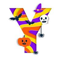 Happy Halloween Y Alphabet Party Font Typography Character Cartoon Spooky Horror with colorful 3D Layer Paper Cutout Type design celebration vector Illustration Skull Pumpkin Bat Witch Hat Spider Web