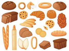 Vector bread set. Bread, cookies, challah, croissant, bagel, french baguette, cantucci. Illustrations for design menu bakery. Cartoon bread.