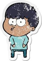 distressed sticker of a cartoon curious boy vector