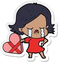 sticker of a cartoon girl crying over valentines vector