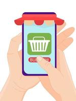 Online shopping. The store in the phone, the hand pressing the purchase button in the phone vector