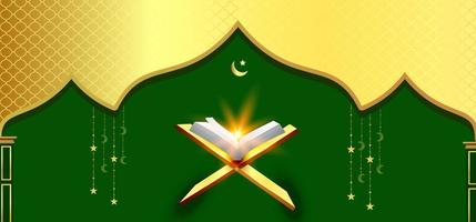 elegant islamic banner with green background and holy quran vector