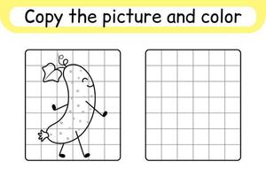 Copy the picture and color cucumber. Complete the picture. Finish the image. Coloring book. Educational drawing exercise game for children vector