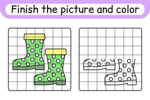 Complete the picture boots. Copy the picture and color. Finish the image. Coloring book. Educational drawing exercise game for children vector