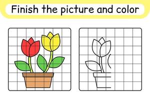 Complete the picture flower tulip. Copy the picture and color. Finish the image. Coloring book. Educational drawing exercise game for children vector