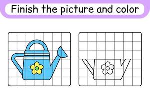 Complete the picture watering can. Copy the picture and color. Finish the image. Coloring book. Educational drawing exercise game for children vector