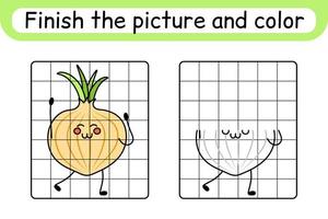 Complete the picture onion. Copy the picture and color. Finish the image. Coloring book. Educational drawing exercise game for children vector