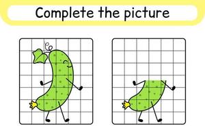 Complete the picture cucumber. Copy the picture and color. Finish the image. Coloring book. Educational drawing exercise game for children vector