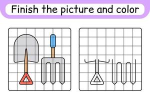 completa la imagen tridente y pala. copiar la imagen y el color. terminar la imagen. libro de colorear. juego educativo de ejercicios de dibujo para niños vector