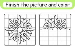 Complete the picture snowflake. Copy the picture and color. Finish the image. Coloring book. Educational drawing exercise game for children vector