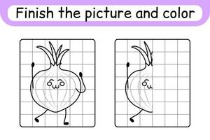 Complete the picture onion. Copy the picture and color. Finish the image. Coloring book. Educational drawing exercise game for children vector