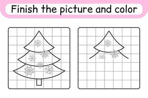 Complete the picture christmas tree. Copy the picture and color. Finish the image. Coloring book. Educational drawing exercise game for children vector