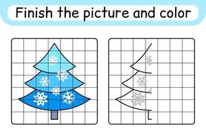 Complete the picture christmas tree. Copy the picture and color. Finish the image. Coloring book. Educational drawing exercise game for children vector