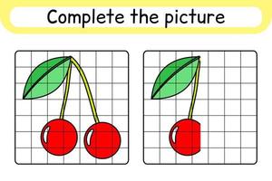 Complete the picture cherry. Copy the picture and color. Finish the image. Coloring book. Educational drawing exercise game for children vector